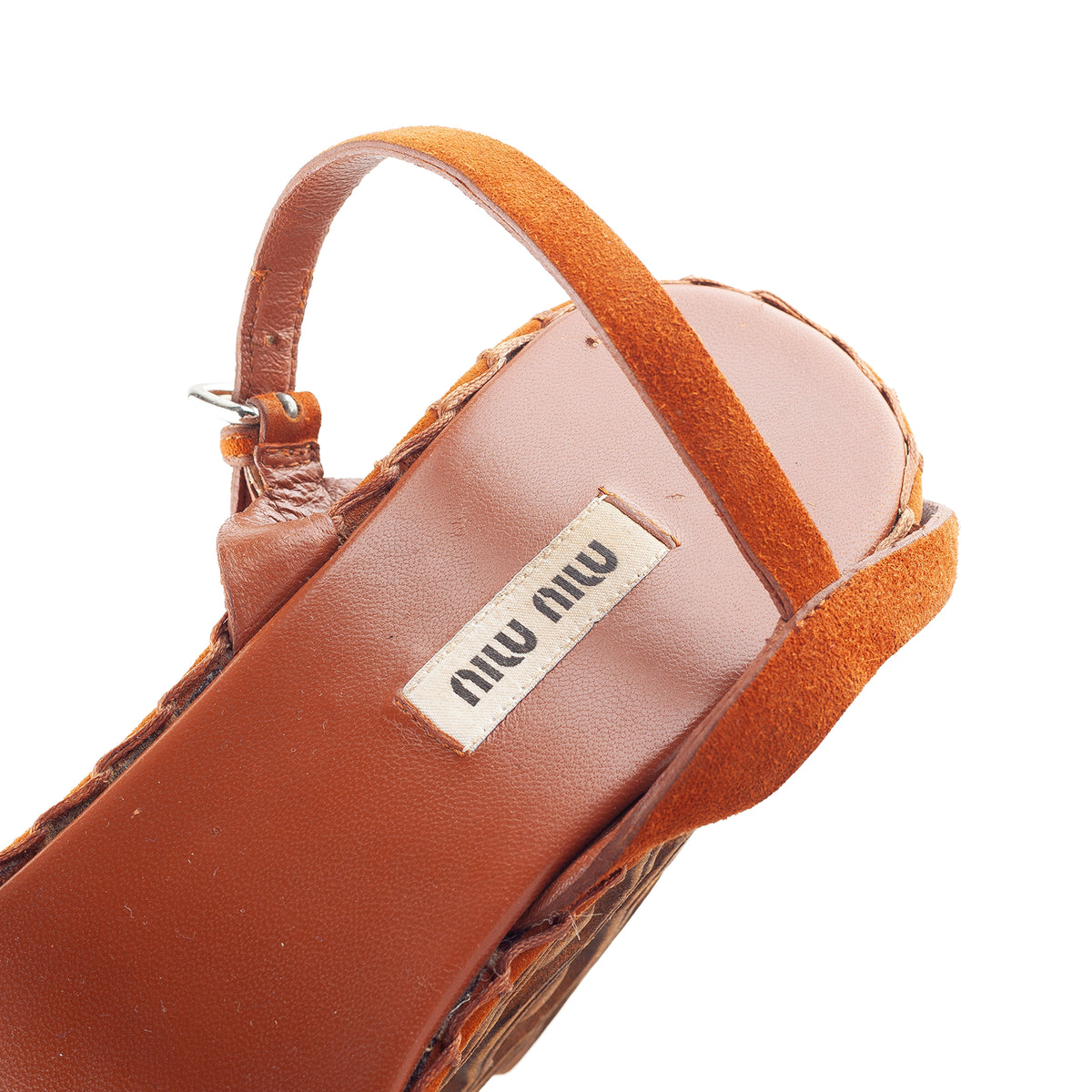 Miu Miu Orange Suede Embossed Platform Wedge Sandals