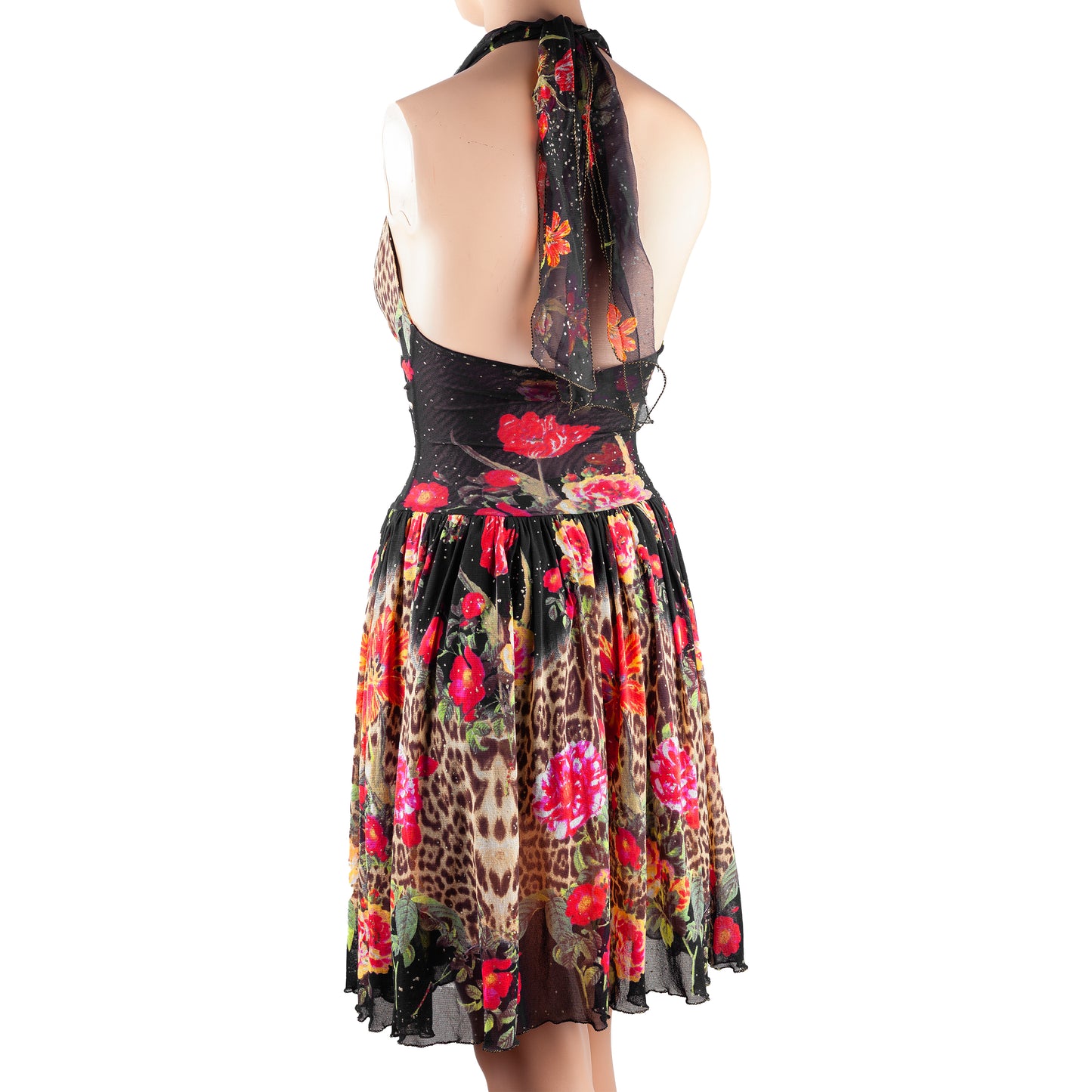 Roberto Cavalli Class 2002 Vintage Polyamide Mesh Floral Cheetah Midi Dress (M)