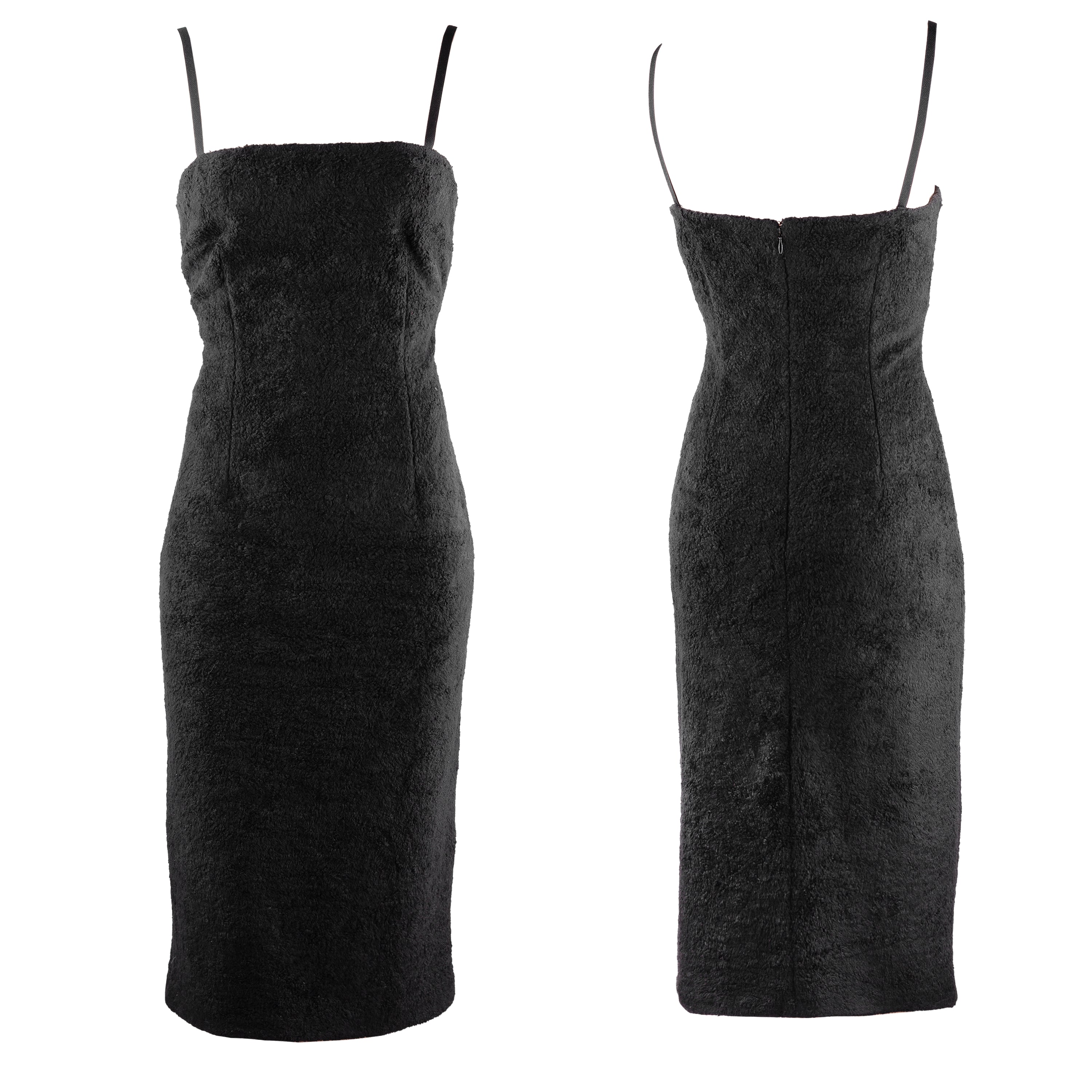 Dolce & Gabbana Vintage Fluffy Fur Black Bodycon Midi Dress (S)