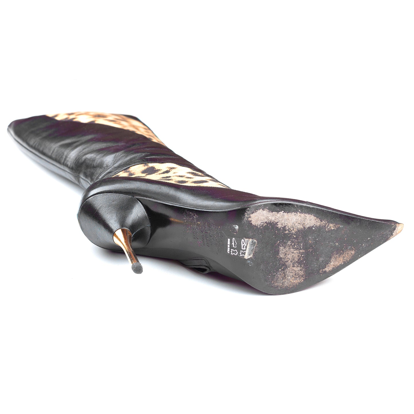 Roberto Cavalli 2002 Vintage Cheetah/Black Pointed Toe High Knee Boots (38,5 EU)