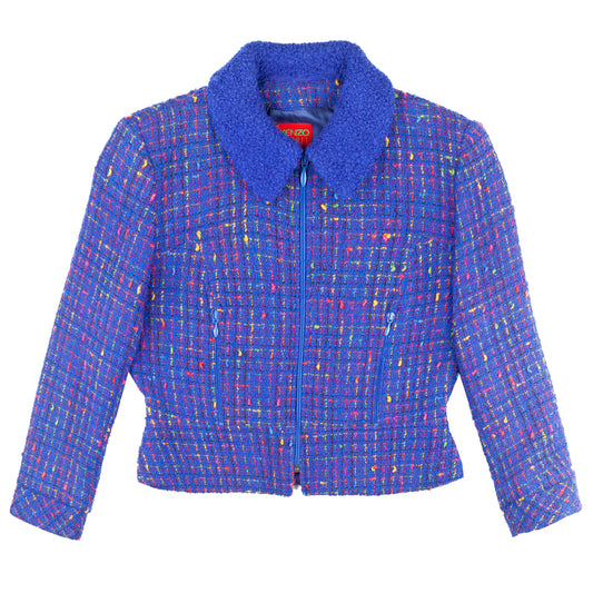 Kenzo Jungle Vintage Blue Tweed Wool Cropped Jacket (M)