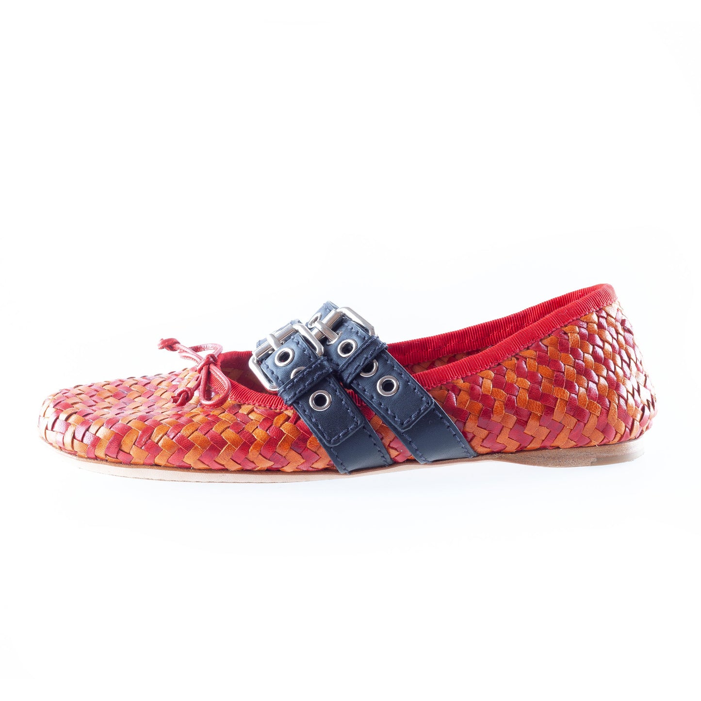 Miu Miu Red & Orange Woven Rattan Ballet Flats with Black Straps