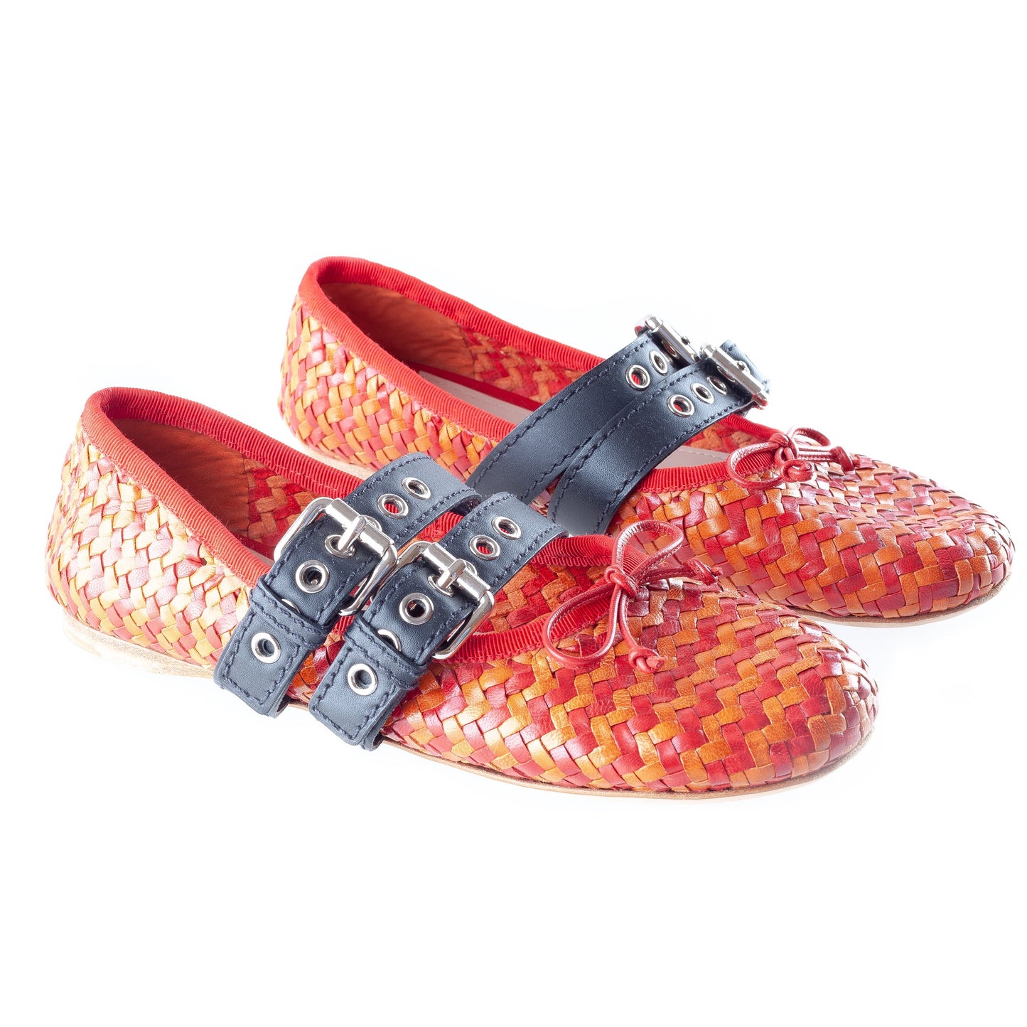 Miu Miu Red & Orange Woven Rattan Ballet Flats with Black Straps