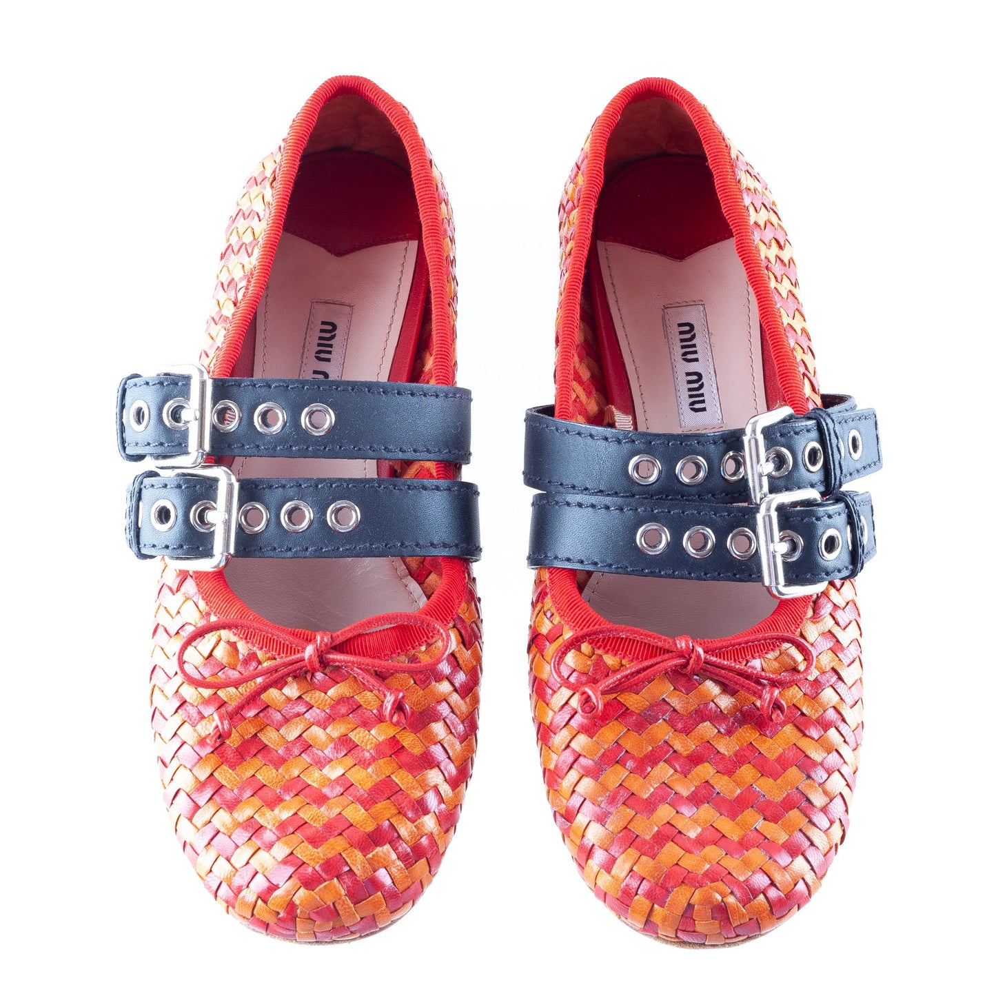 Miu Miu Red & Orange Woven Rattan Ballet Flats with Black Straps