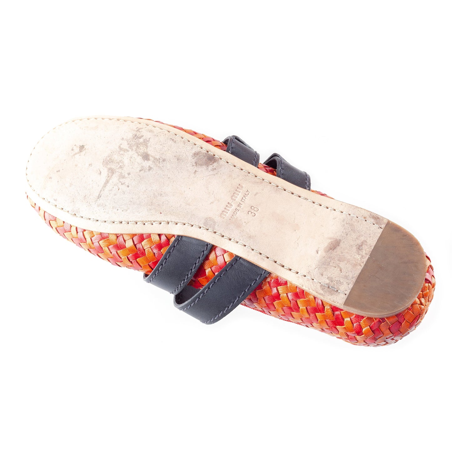Miu Miu Red & Orange Woven Rattan Ballet Flats with Black Straps