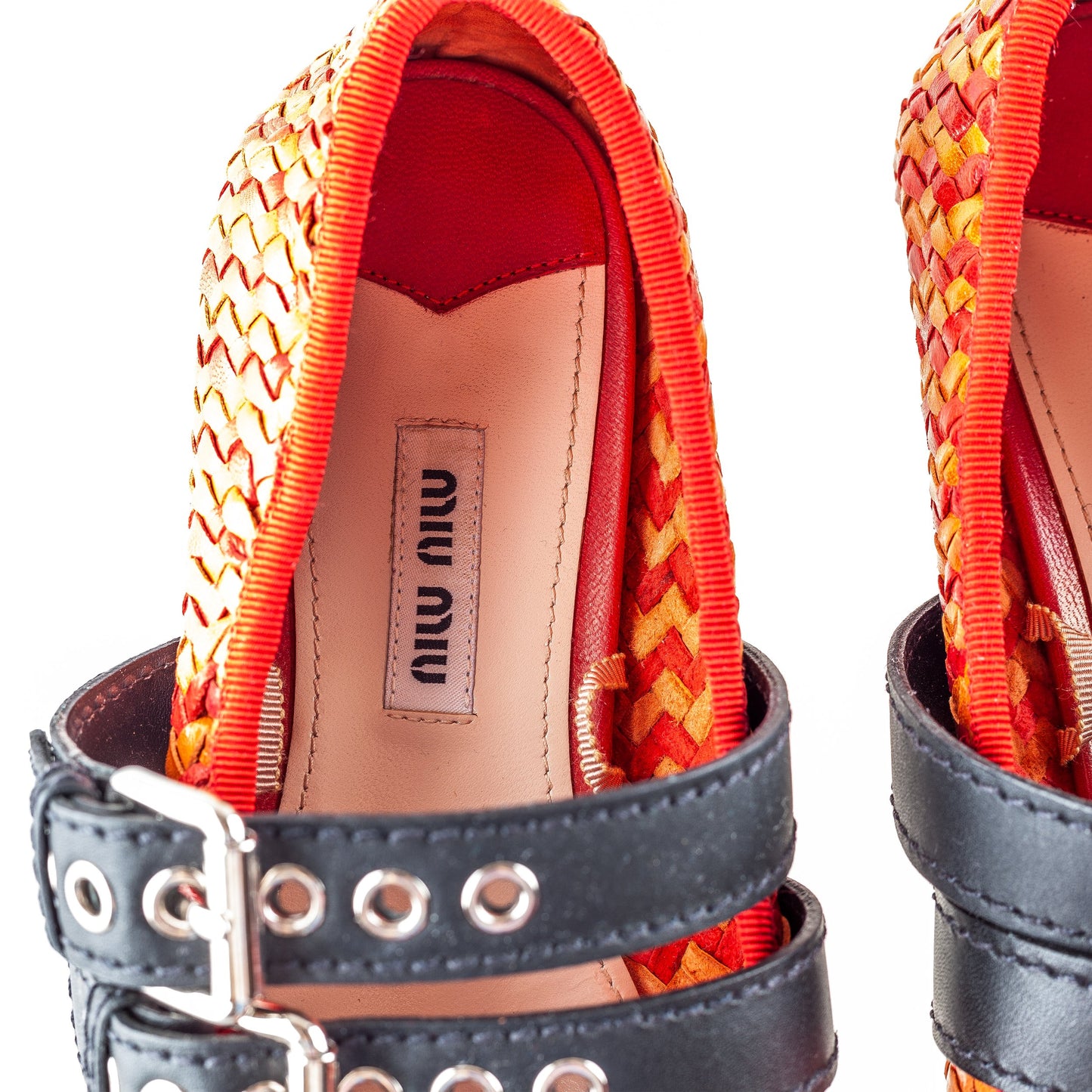 Miu Miu Red & Orange Woven Rattan Ballet Flats with Black Straps