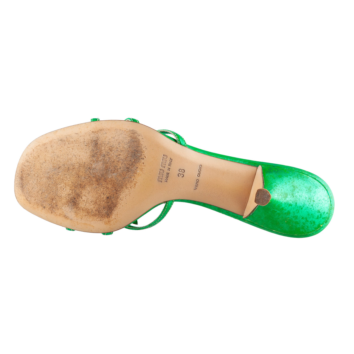 Miu Miu Metallic Green Embellished Floral Kitten Heel Sandals