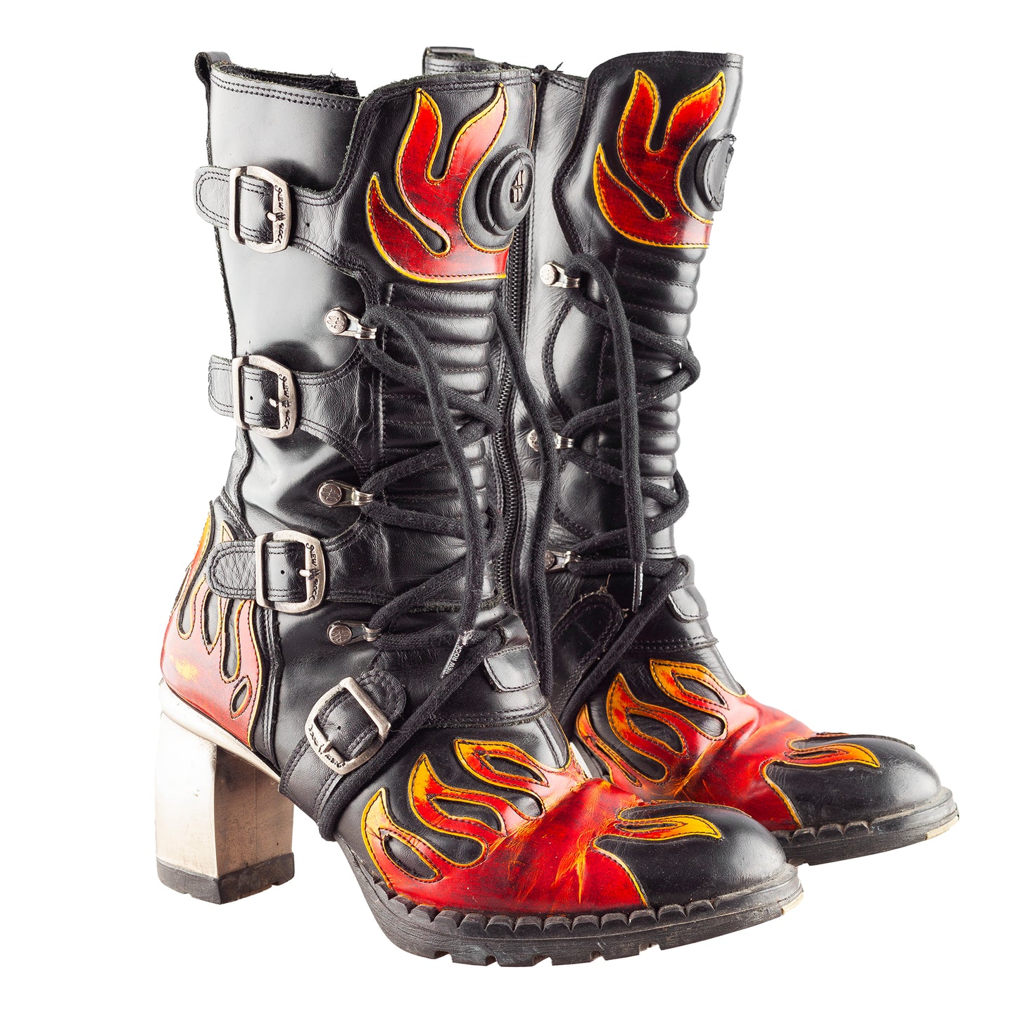 New Rock Vintage Malicia Red Flames Biker Chunky Heel Platform Mid Calf Boots (36 EU)