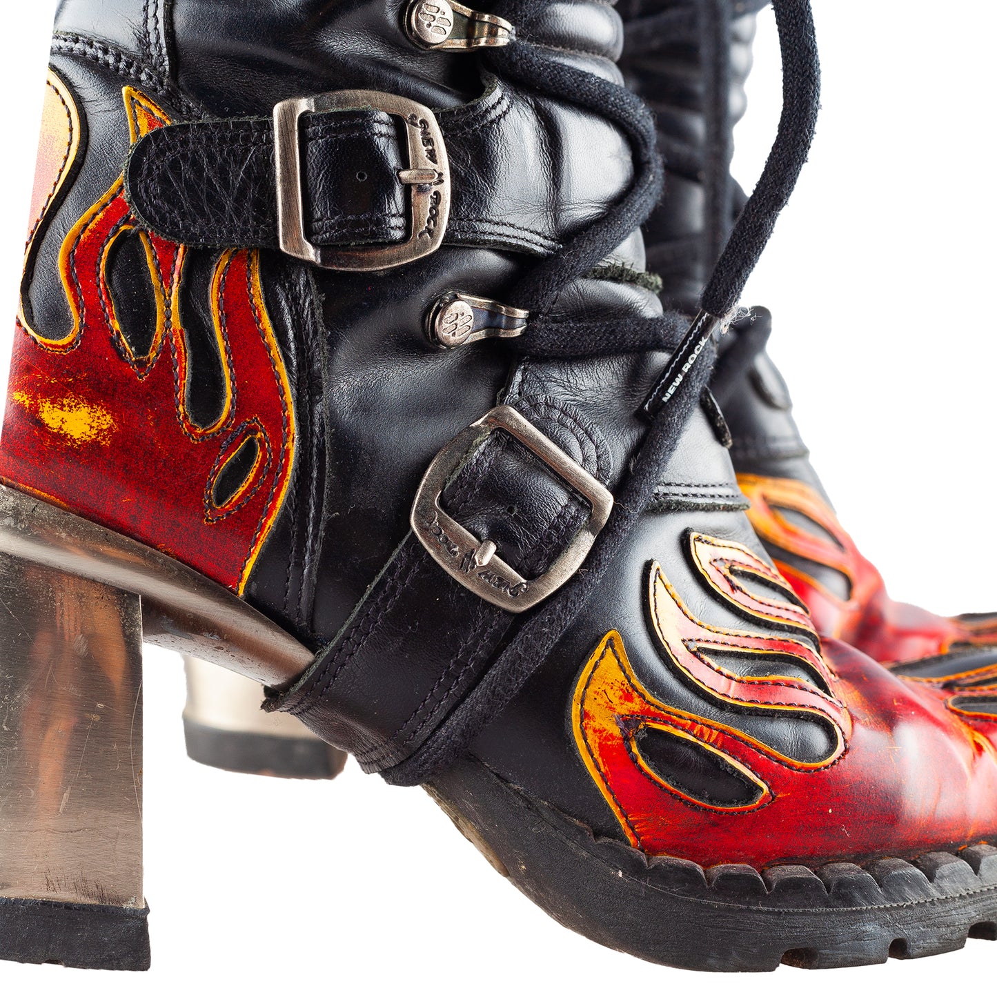 New Rock Vintage Malicia Red Flames Biker Chunky Heel Platform Mid Calf Boots (36 EU)