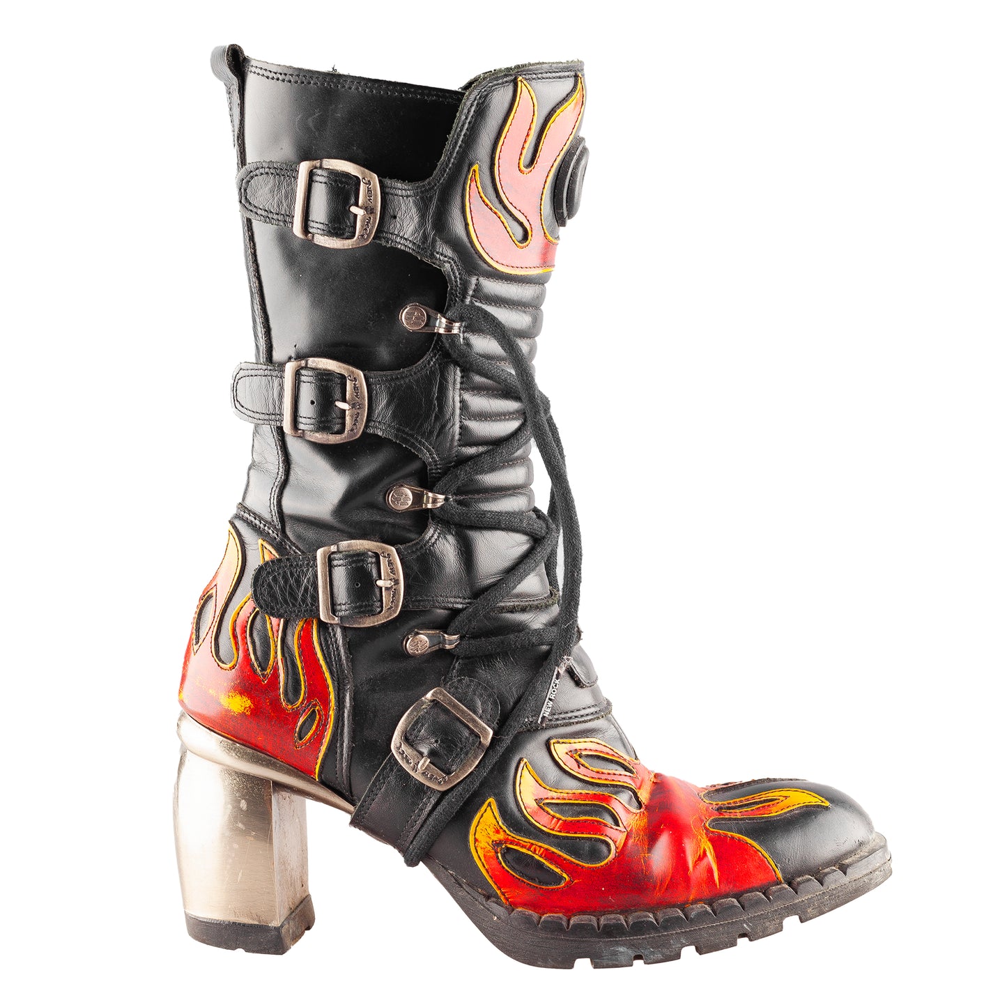 New Rock Vintage Malicia Red Flames Biker Chunky Heel Platform Mid Calf Boots (36 EU)
