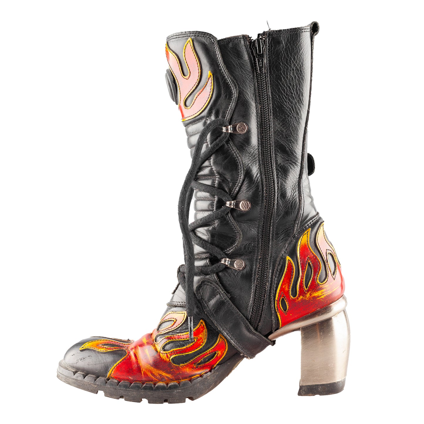 New Rock Vintage Malicia Red Flames Biker Chunky Heel Platform Mid Calf Boots (36 EU)