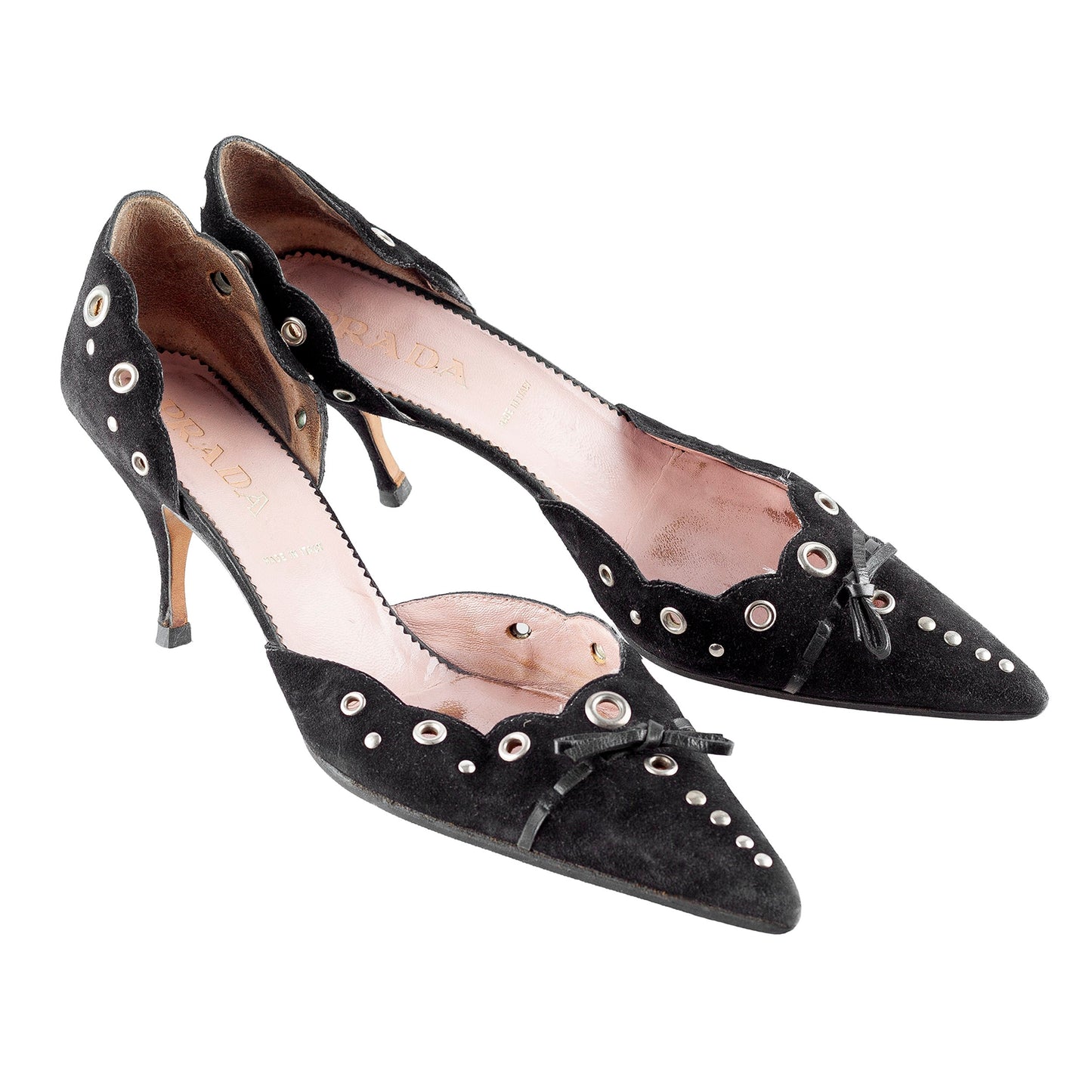 Prada Black Suede Eyelet Bow Kitten Heels (39 EU)