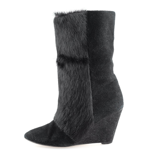 Isabel Marant Lazio Black Fur Suede Wedge Boots (37 IT/ 38 EU)