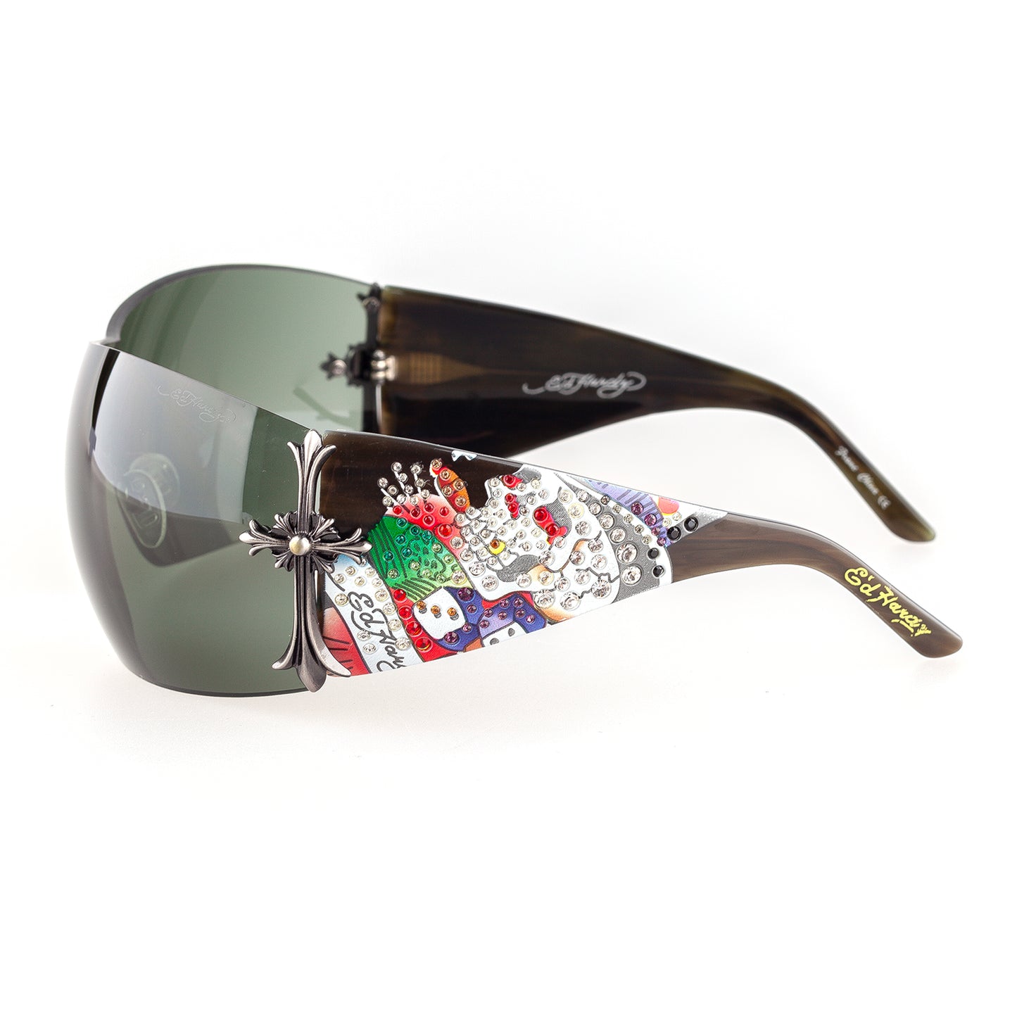Ed Hardy by Christian Audigier EH0008 Olive Cross Shield Vintage Tattoo Sunglasses