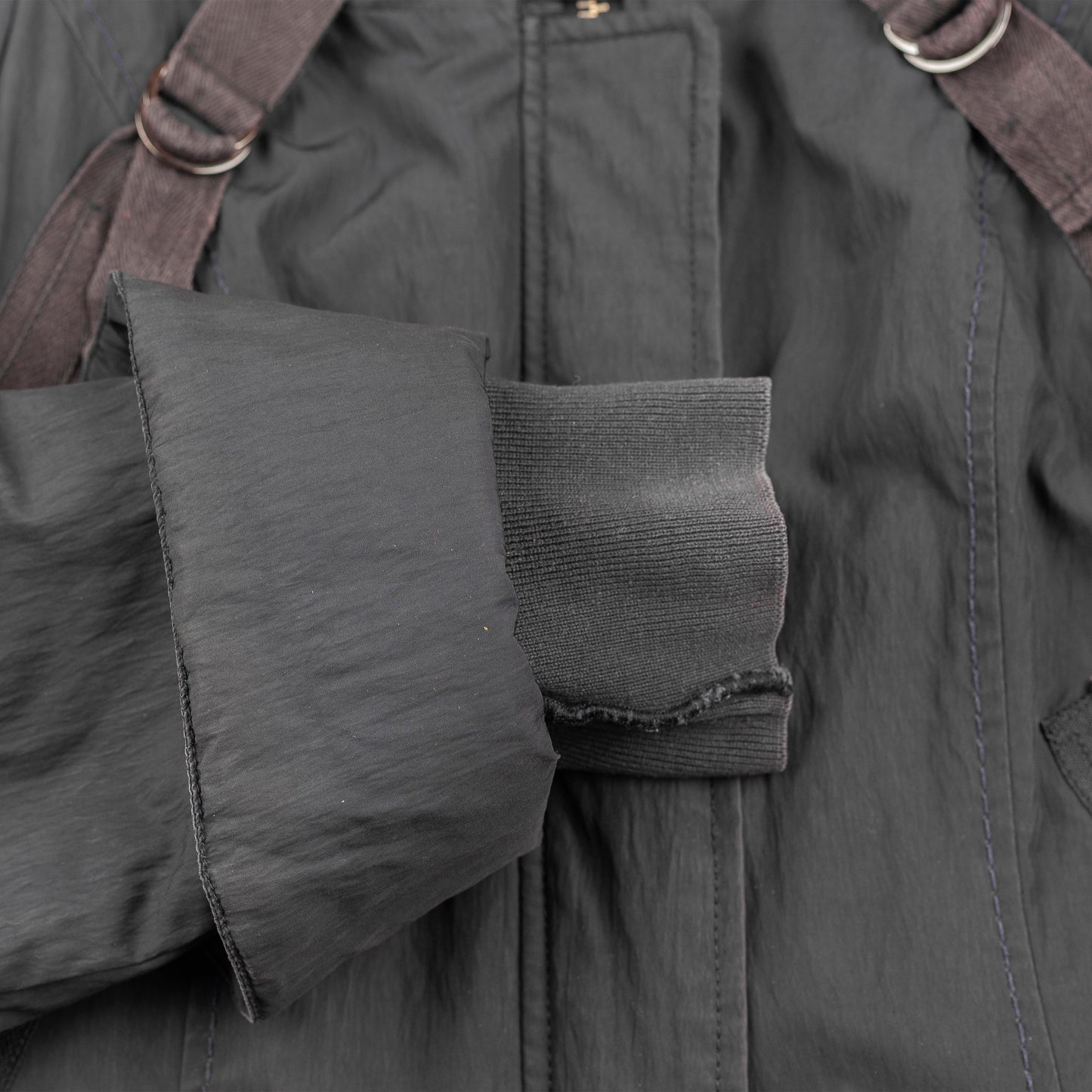 Marithé François Girbaud Bondage Bomber Flight Jacket in Black/Brown.