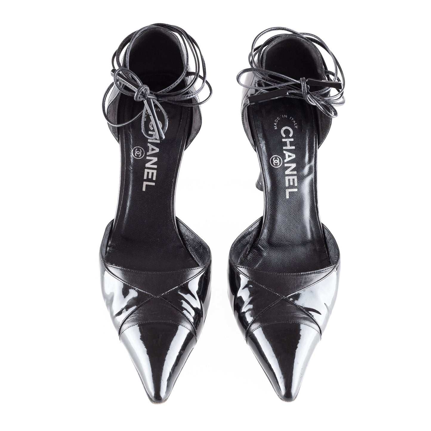 Chanel Black Leather Pointed Toe Lace Up Heels