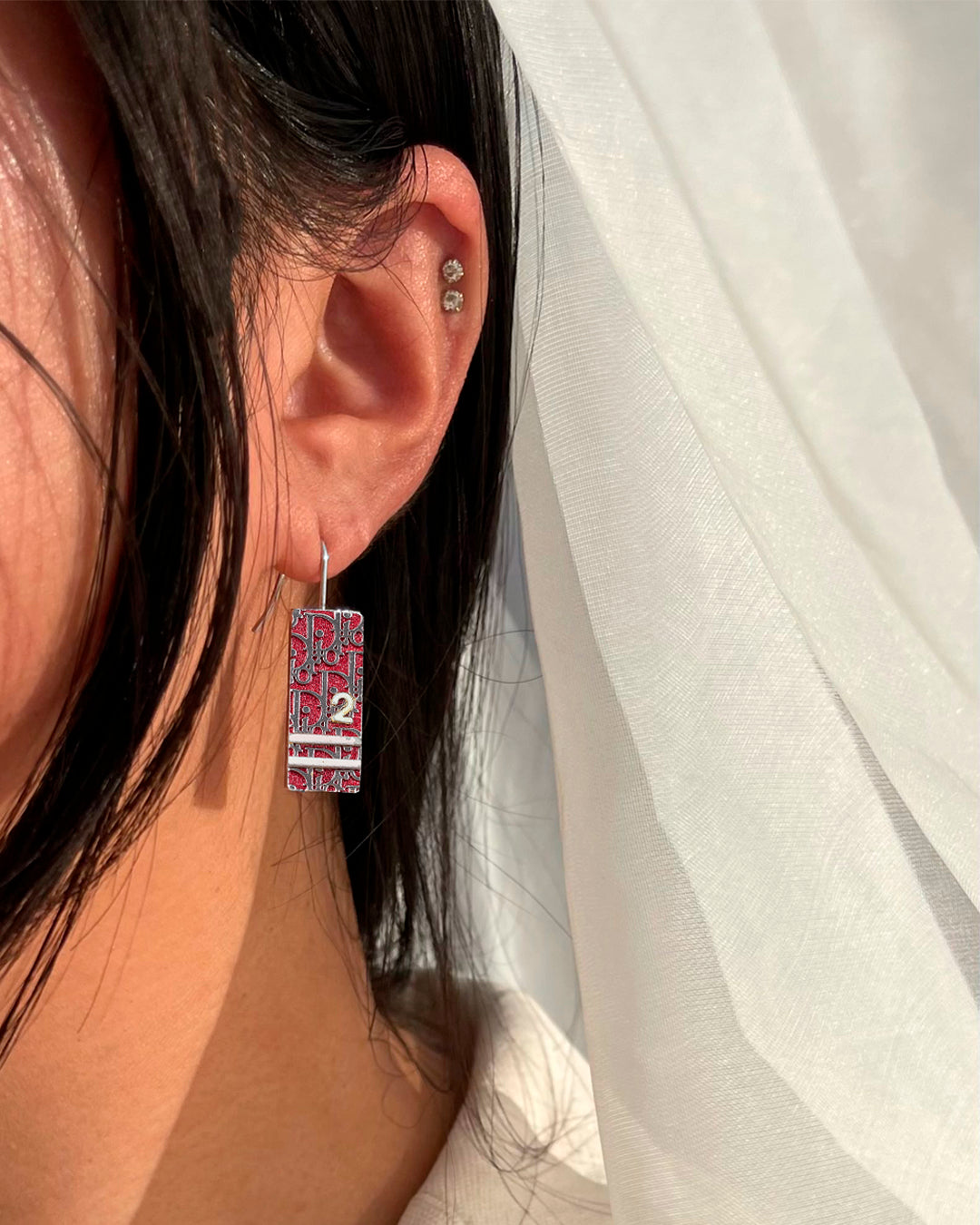 Christian Dior Monogram Trotter Red Silver Vintage Earrings