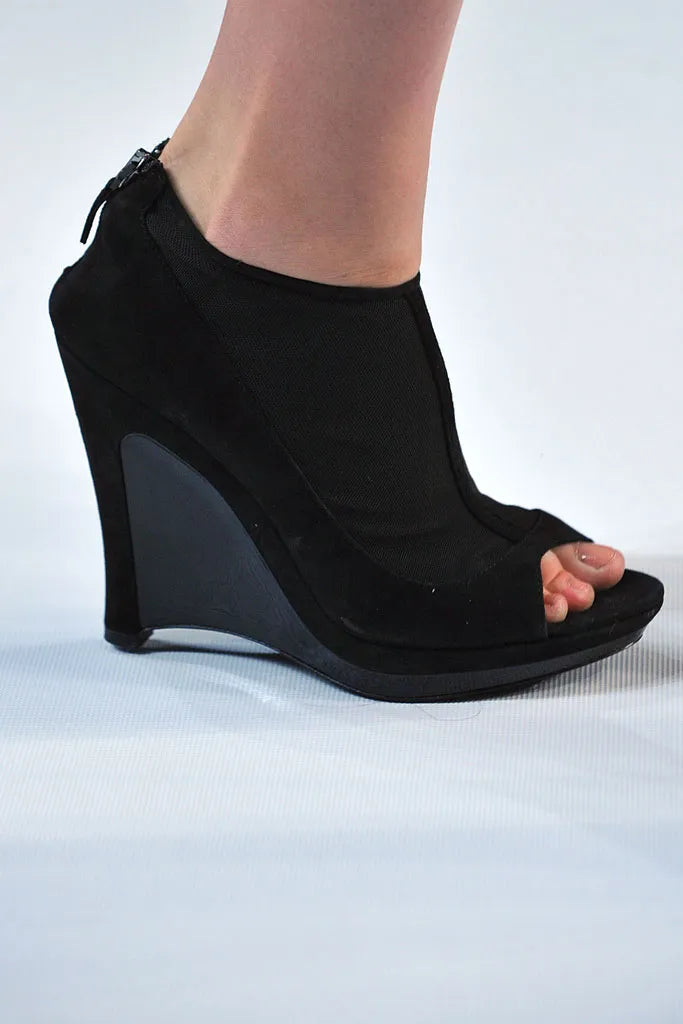 Fendi SS 2009 Black Suede and Fabric Peep Toe Platform Ankle Boots