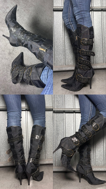Just Cavalli Black Monogram Vintage Pointed Toe Boots (38 EU)