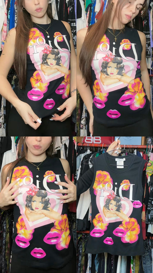Christian Dior 2005 SS Vintage Rare Black Floral Lips Print Tank Top  