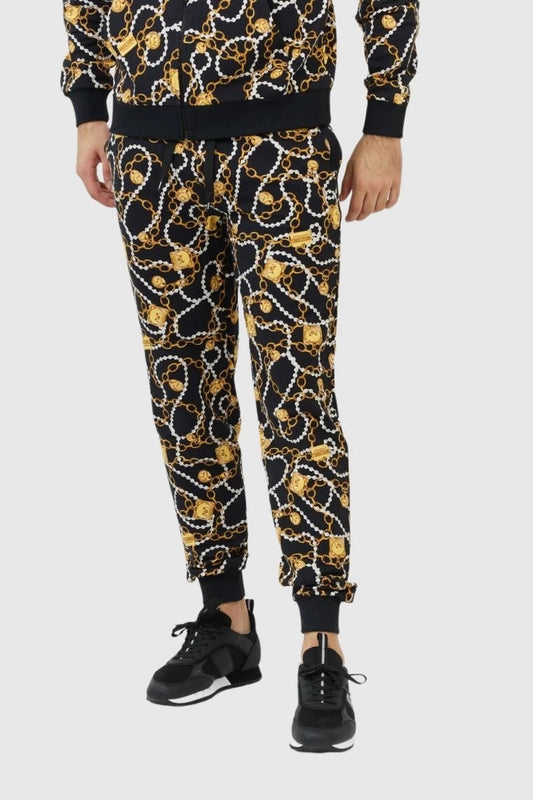 Moschino Black Jogger Pants Featuring Bear Graphic and Chain Details  
