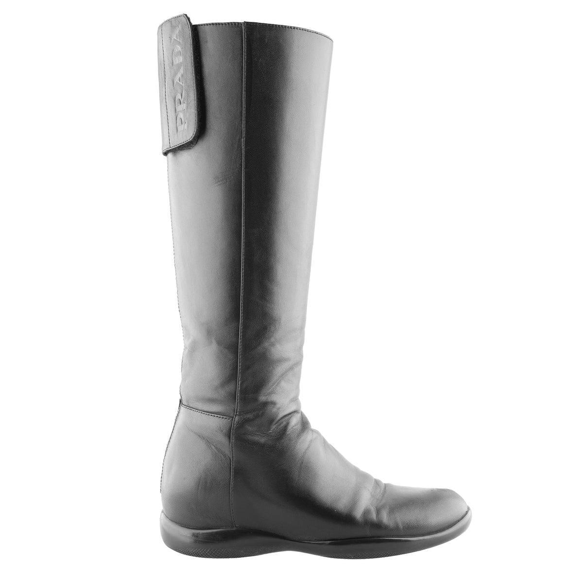 Prada Sport Black Leather Knee-High Flat Boots