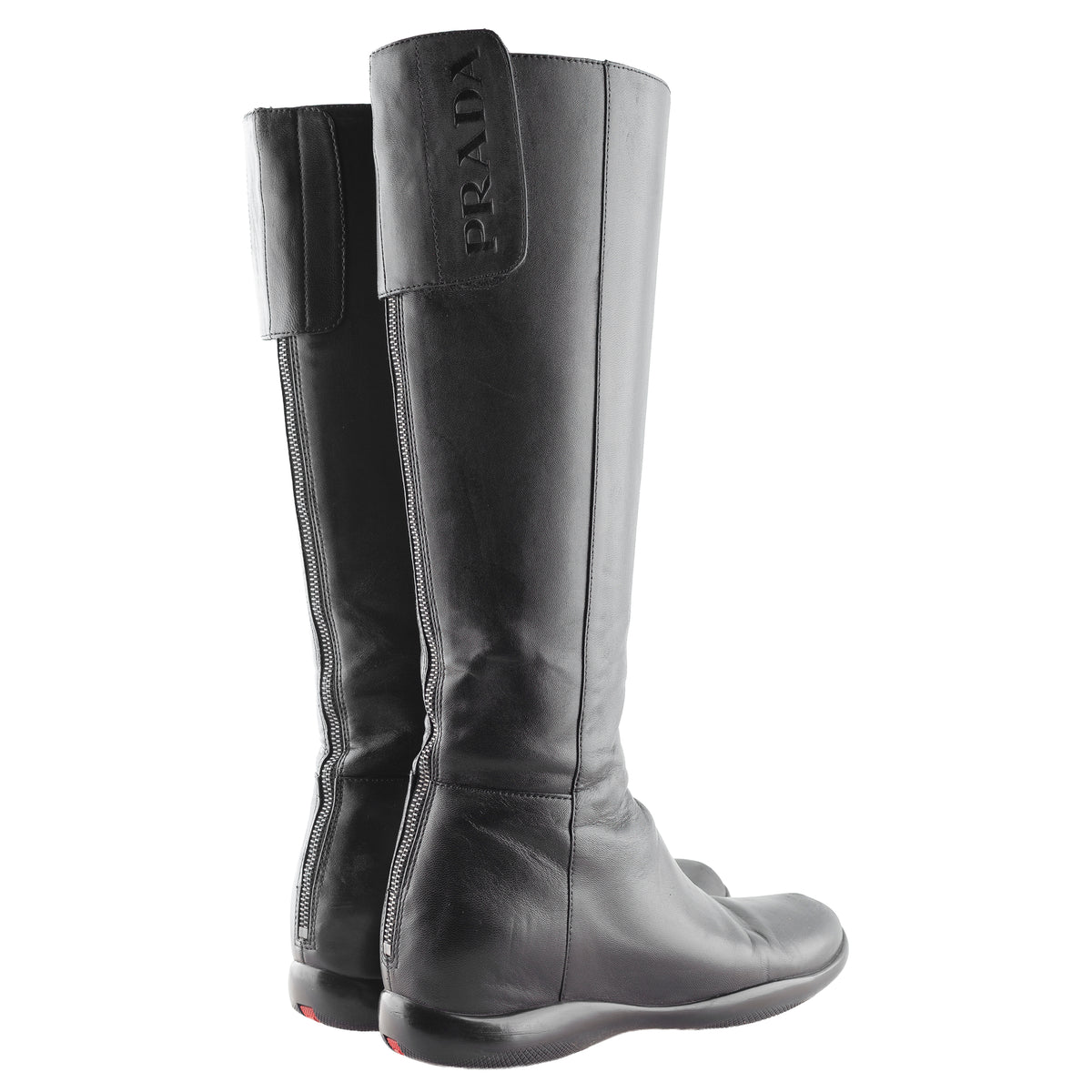 Prada Sport Black Leather Knee-High Flat Boots