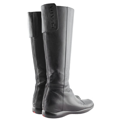 Prada Sport Black Leather Knee-High Flat Boots