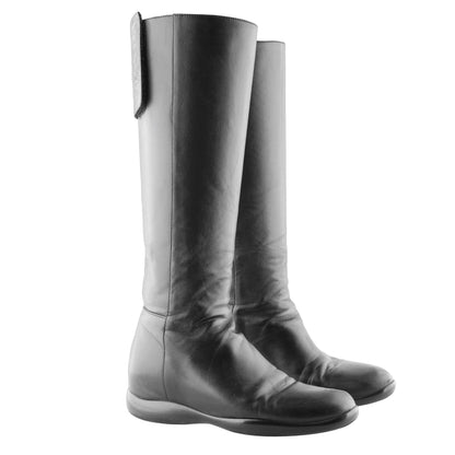Prada Sport Black Leather Knee-High Flat Boots