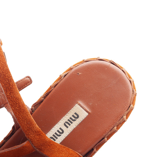 Miu Miu Orange Suede Embossed Platform Wedge Sandals