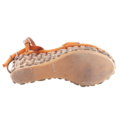 Miu Miu Orange Suede Embossed Platform Wedge Sandals