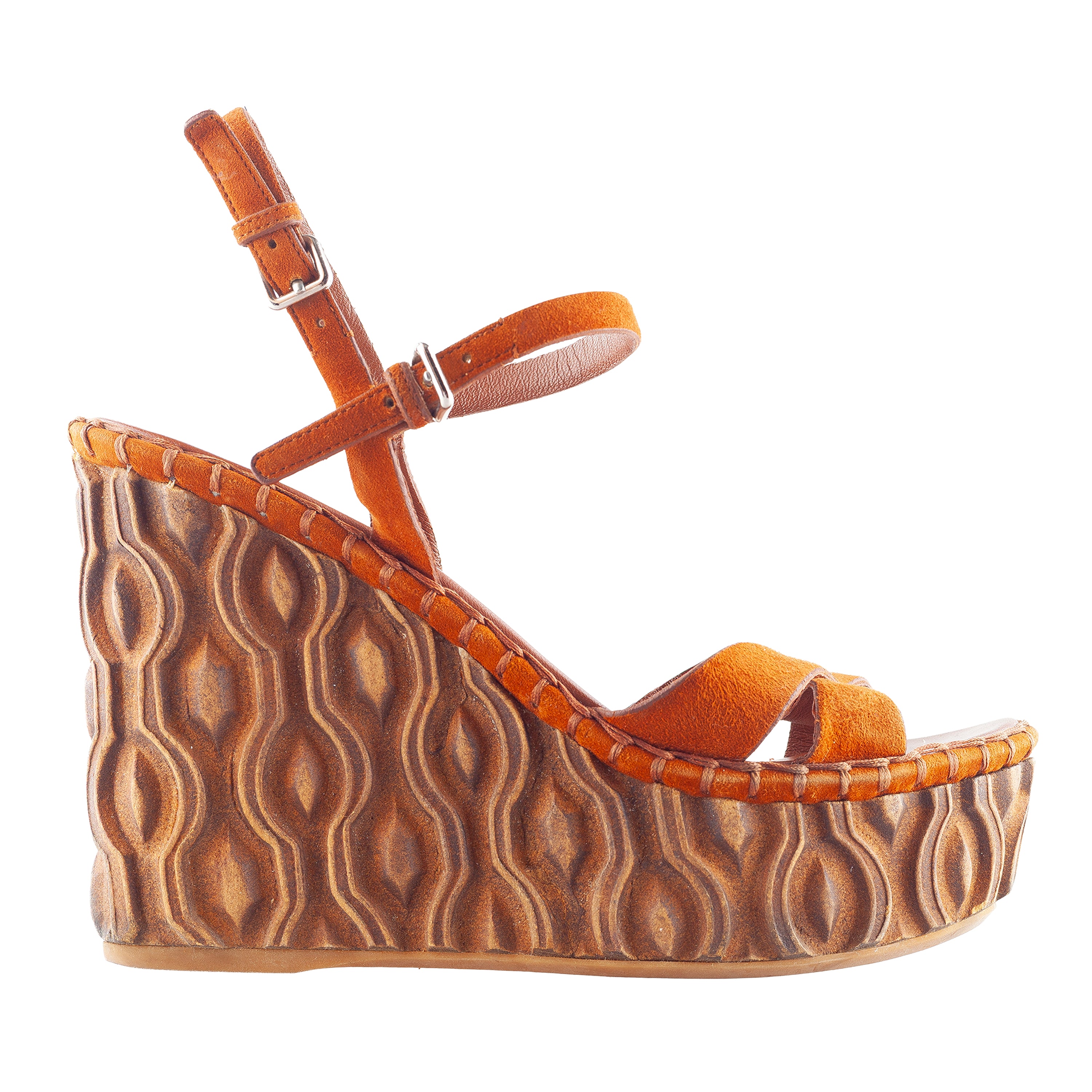 Miu Miu Orange Suede Embossed Platform Wedge Sandals