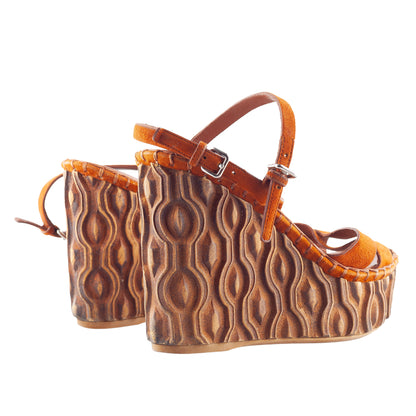 Miu Miu Orange Suede Embossed Platform Wedge Sandals