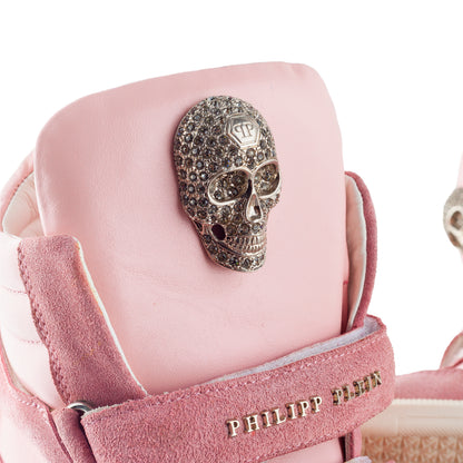 Philipp Plein Pink Suede Crystal Skull Wedge Sneakers
