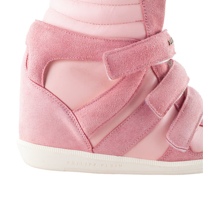 Philipp Plein Pink Suede Crystal Skull Wedge Sneakers