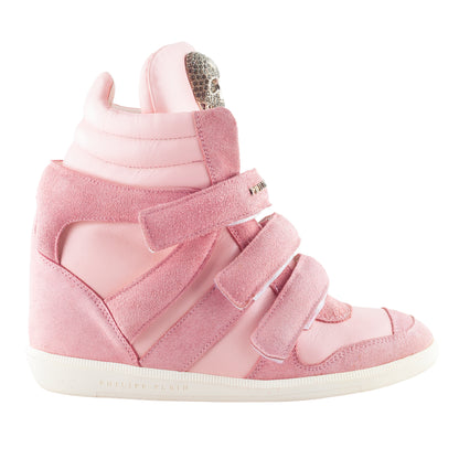 Philipp Plein Pink Suede Crystal Skull Wedge Sneakers