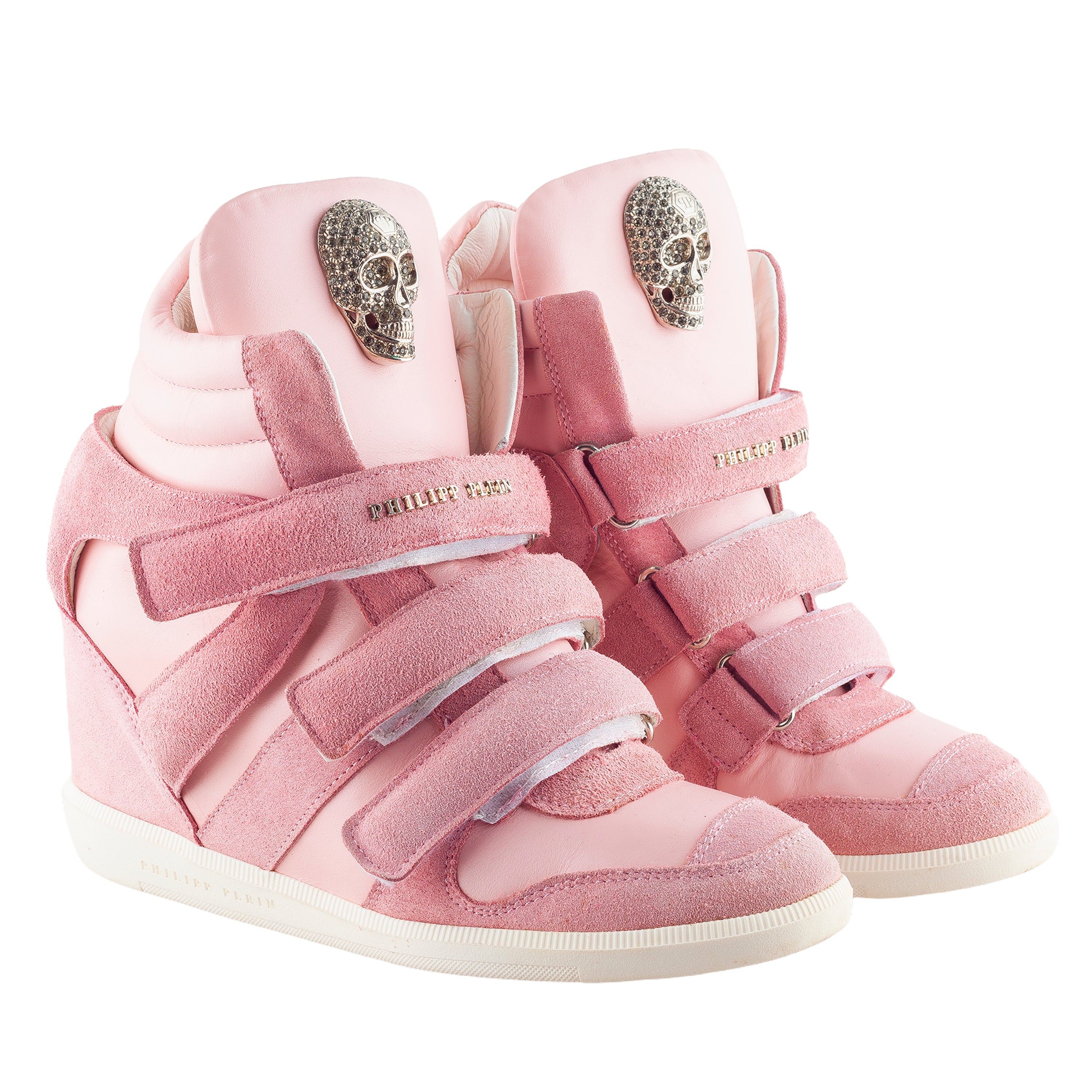 Philipp Plein Pink Suede Crystal Skull Wedge Sneakers