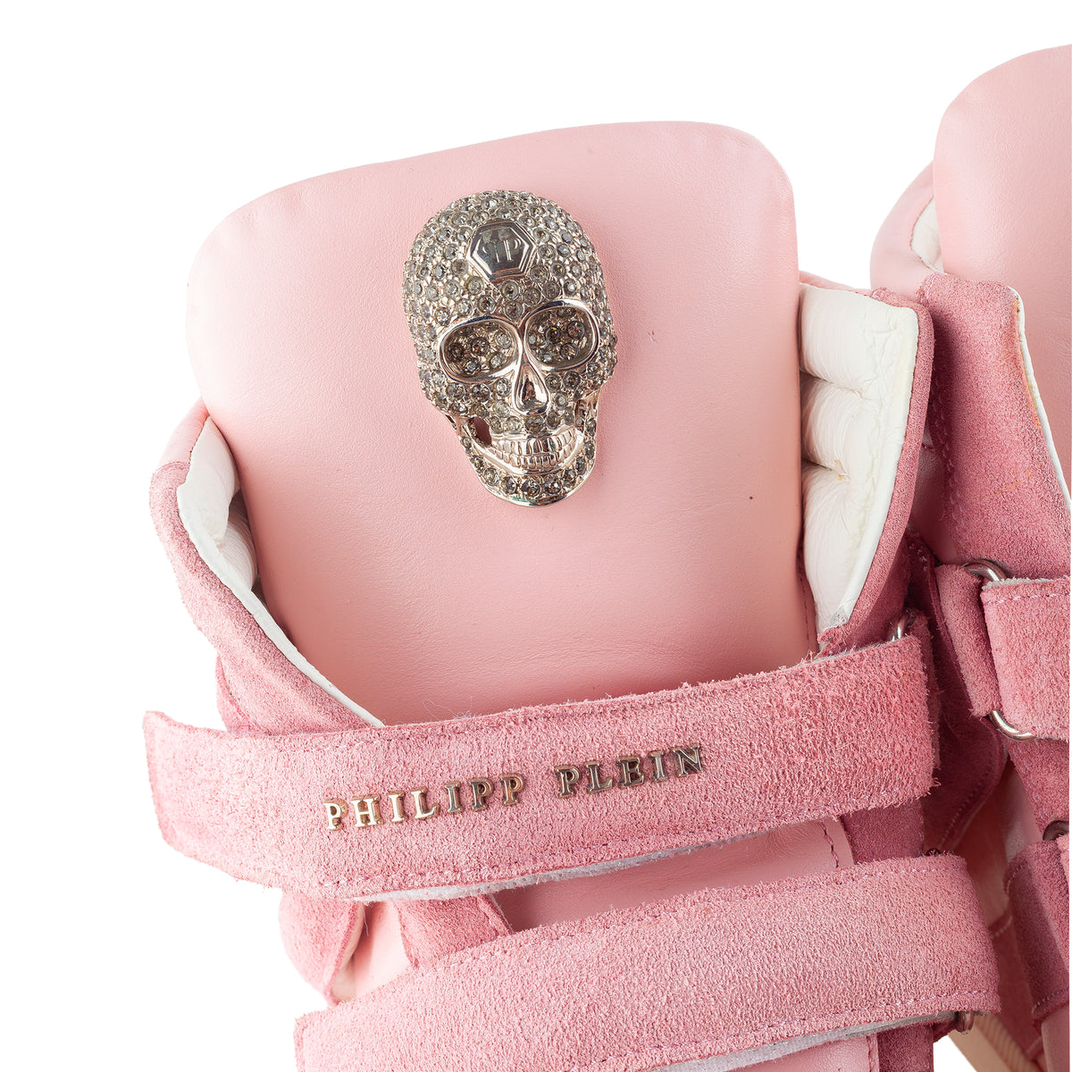 Philipp Plein Pink Suede Crystal Skull Wedge Sneakers
