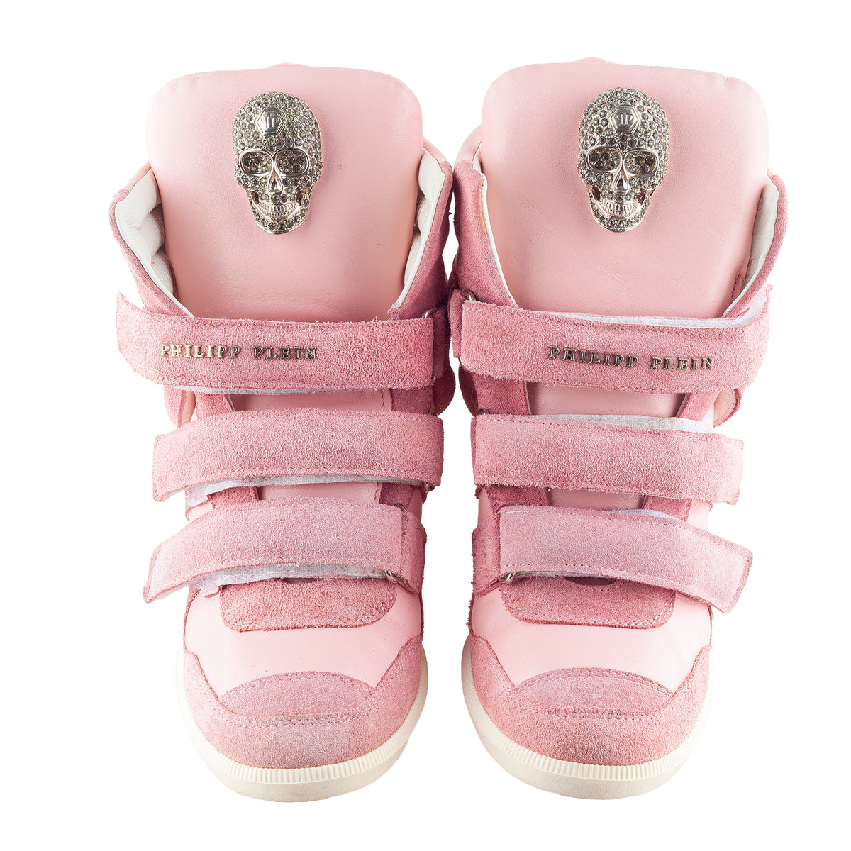 Philipp Plein Pink Suede Crystal Skull Wedge Sneakers