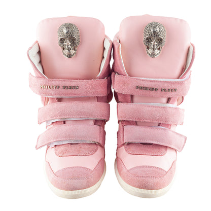 Philipp Plein Pink Suede Crystal Skull Wedge Sneakers