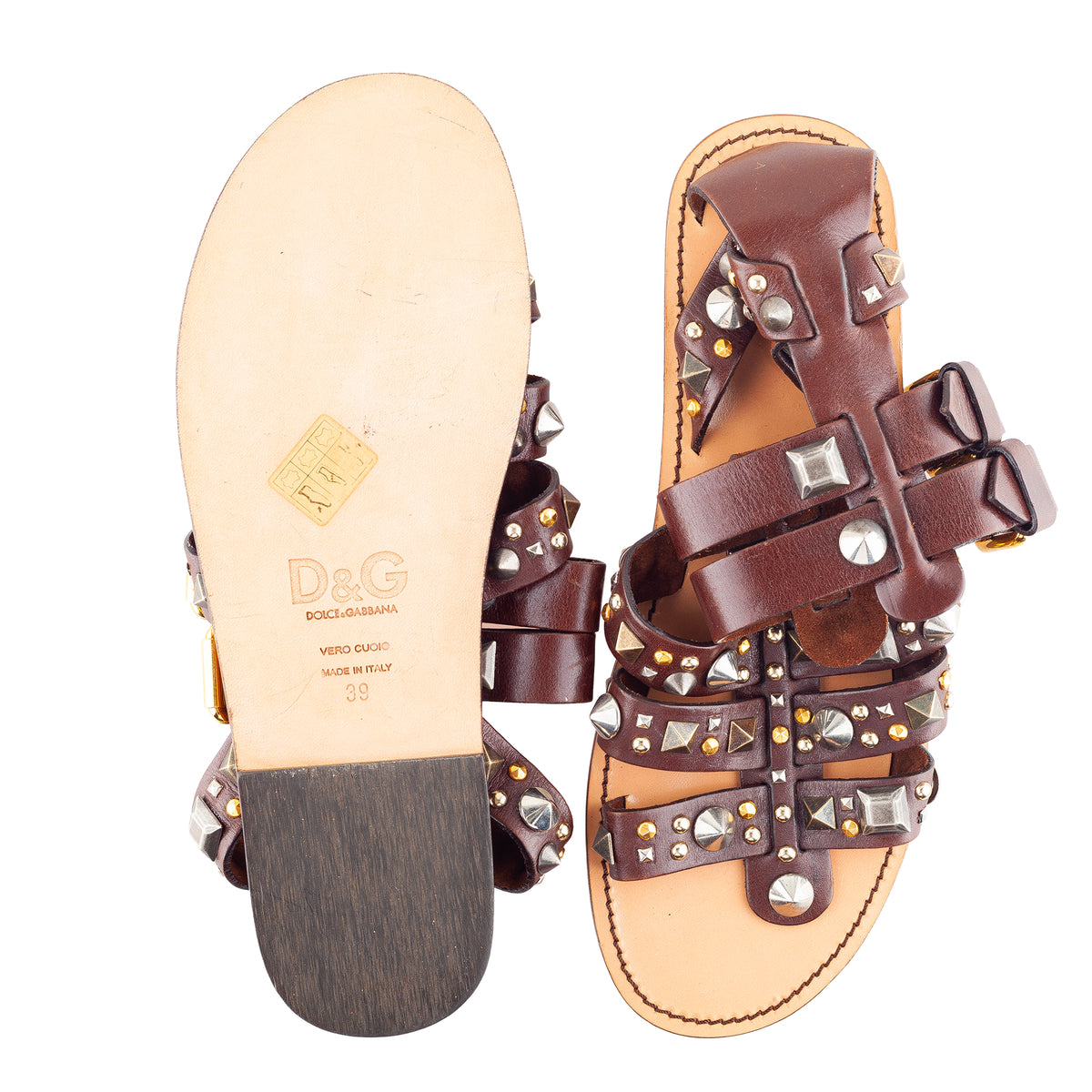 Dolce & Gabbana Brown Leather Multi-Studded Gladiator Sandals