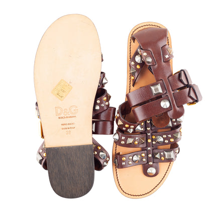 Dolce & Gabbana Brown Leather Multi-Studded Gladiator Sandals