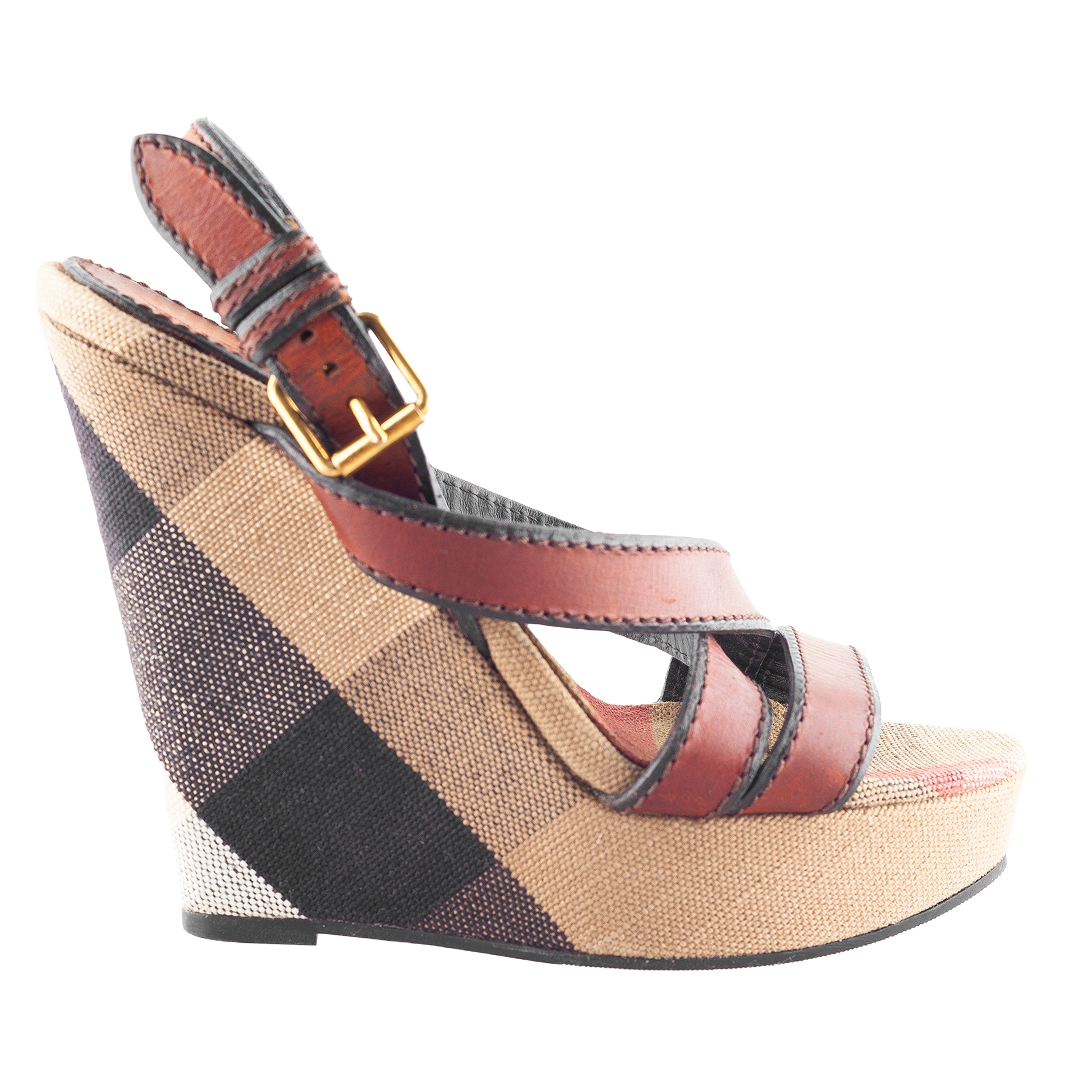 Burberry 2014 Nova Check Canvas & Leather Platform Wedge Sandals