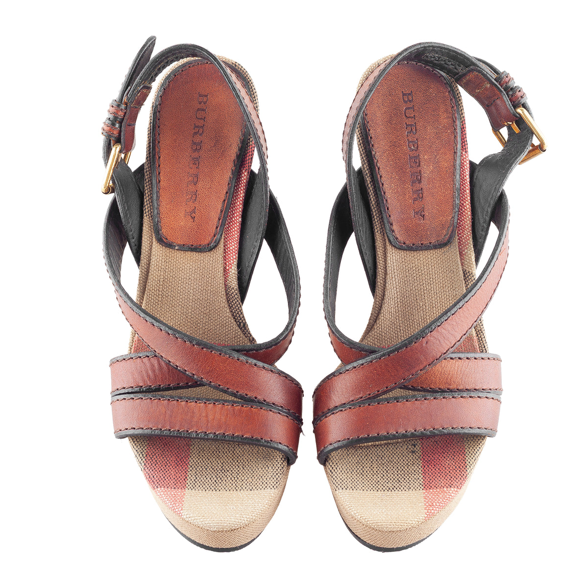Burberry 2014 Nova Check Canvas & Leather Platform Wedge Sandals