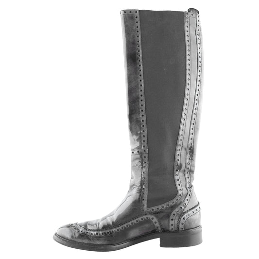 Gucci Black Leather Brogue Knee-High Boots
