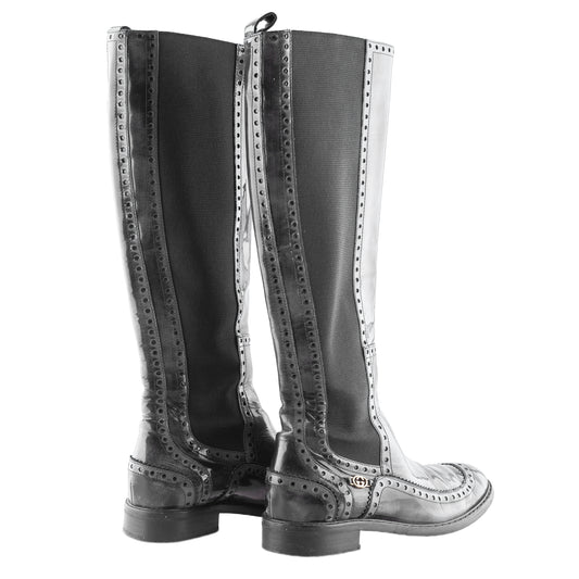 Gucci Black Leather Brogue Knee-High Boots