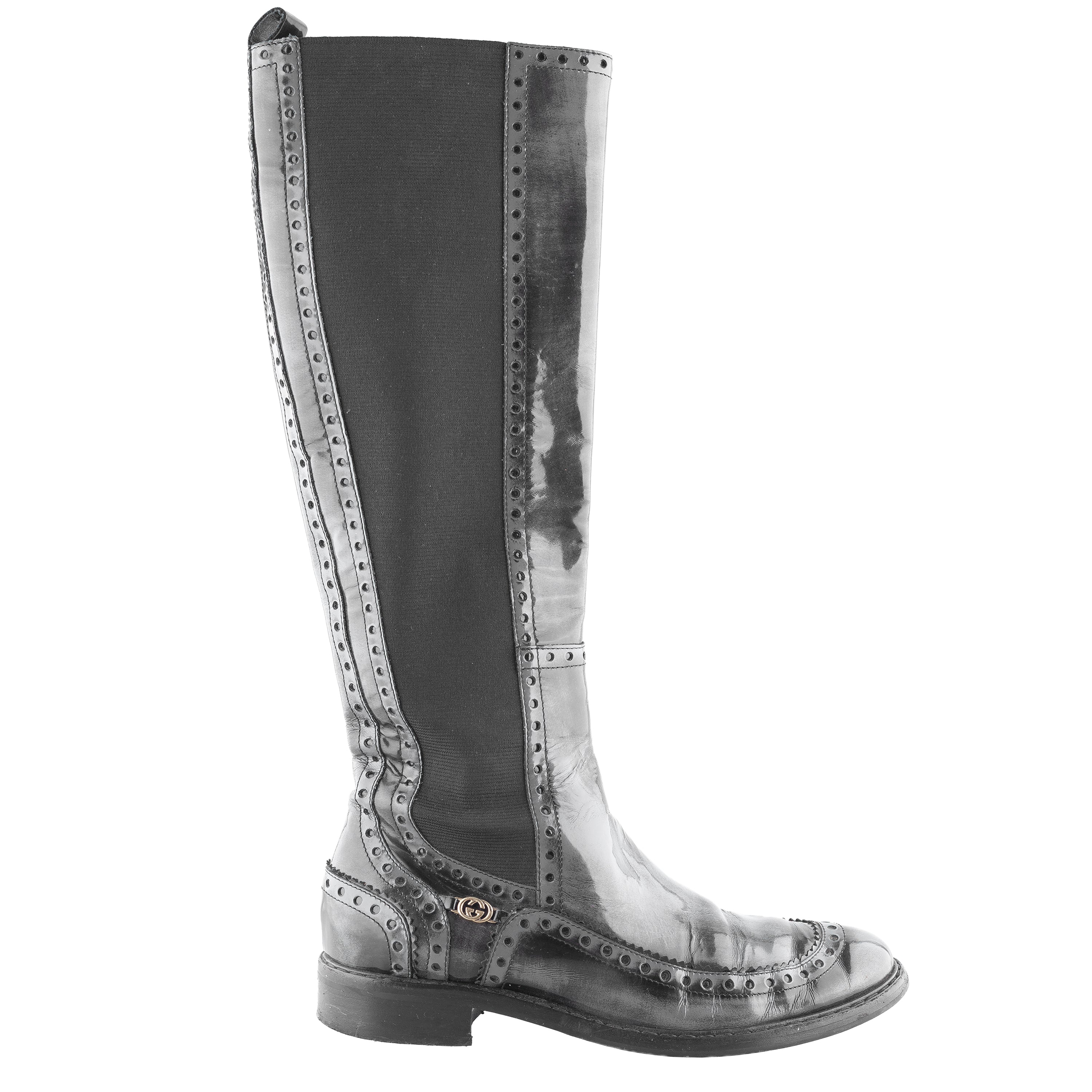 Gucci Black Leather Brogue Knee-High Boots