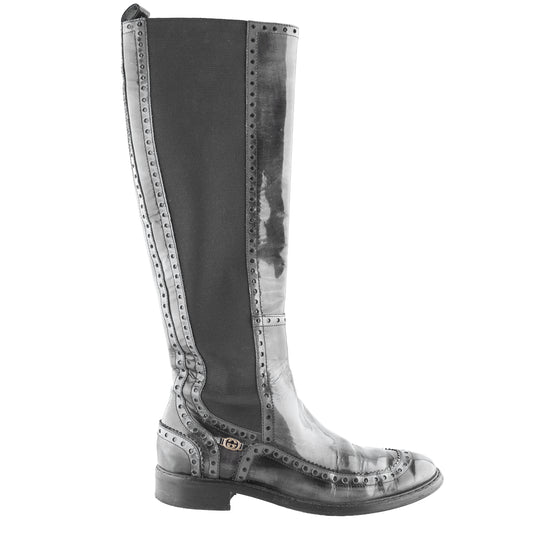 Gucci Black Leather Brogue Knee-High Boots