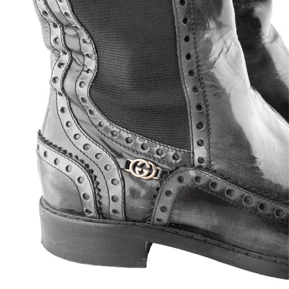 Gucci Black Leather Brogue Knee-High Boots