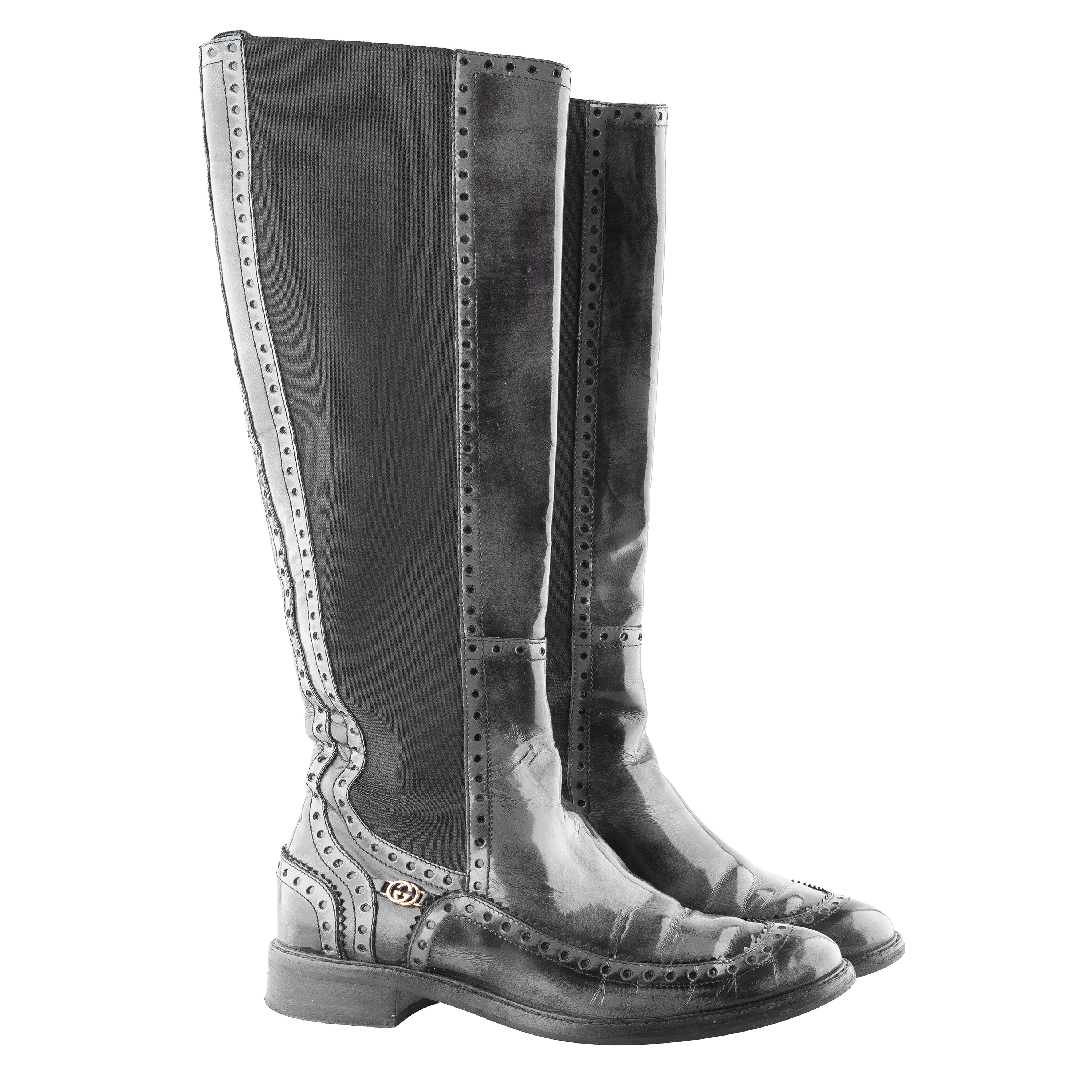 Gucci Black Leather Brogue Knee-High Boots